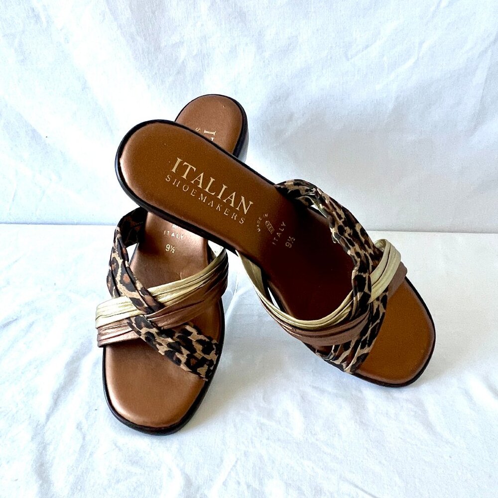 Italian Shoemakers Metallic and Cheetah Print Slip-on Sandals, Size 9.5, EC!